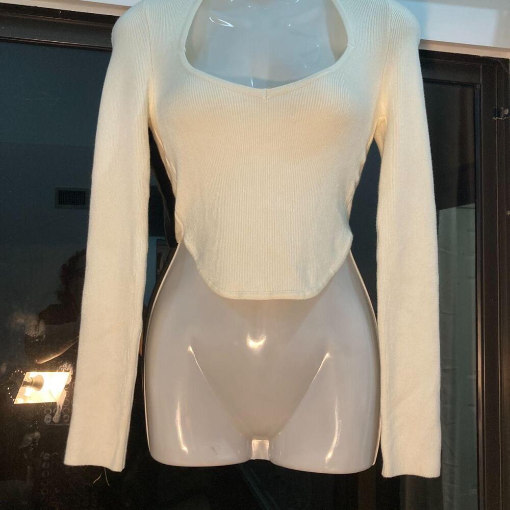 Forever 21 Ribbed Knit Sweetheart Neck Corset Hem Long Sleeve Top Cream  SZ S